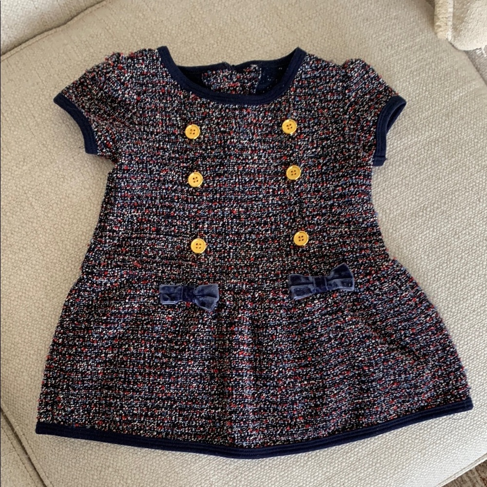 Chic Navy Tweed Dress with Buttons and Bows
